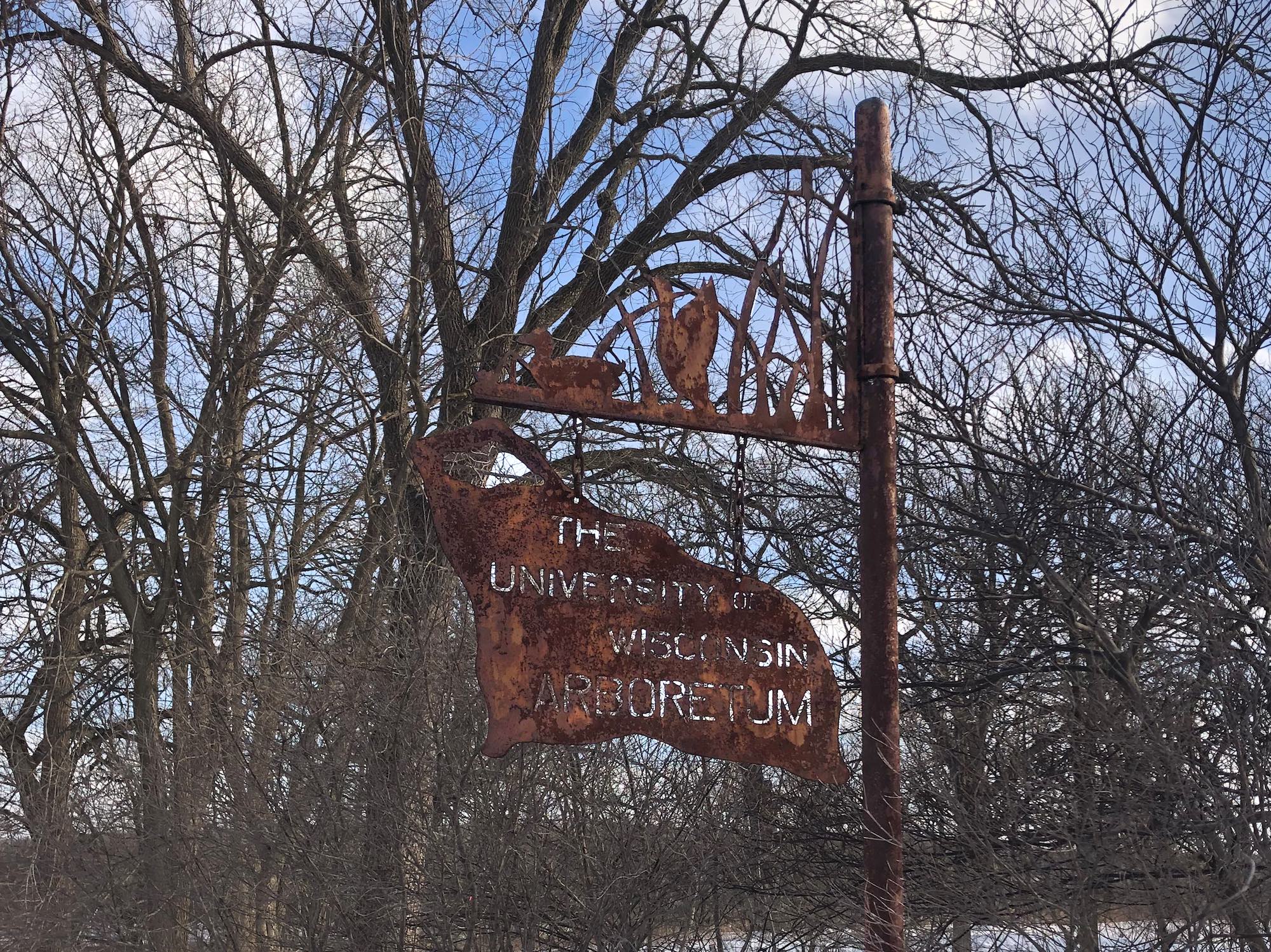 Metal cutout sign at the University of Wisconsin Arboretum Monroe Street Parking lot near the Oak Savanna.