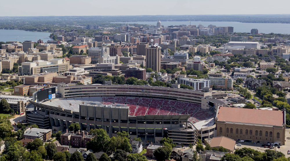 Photo of Camp Randall Stadium looking toward the Capitol building.