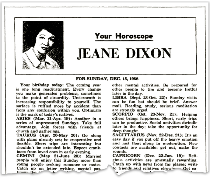 Jeanne Dixon horoscope column.