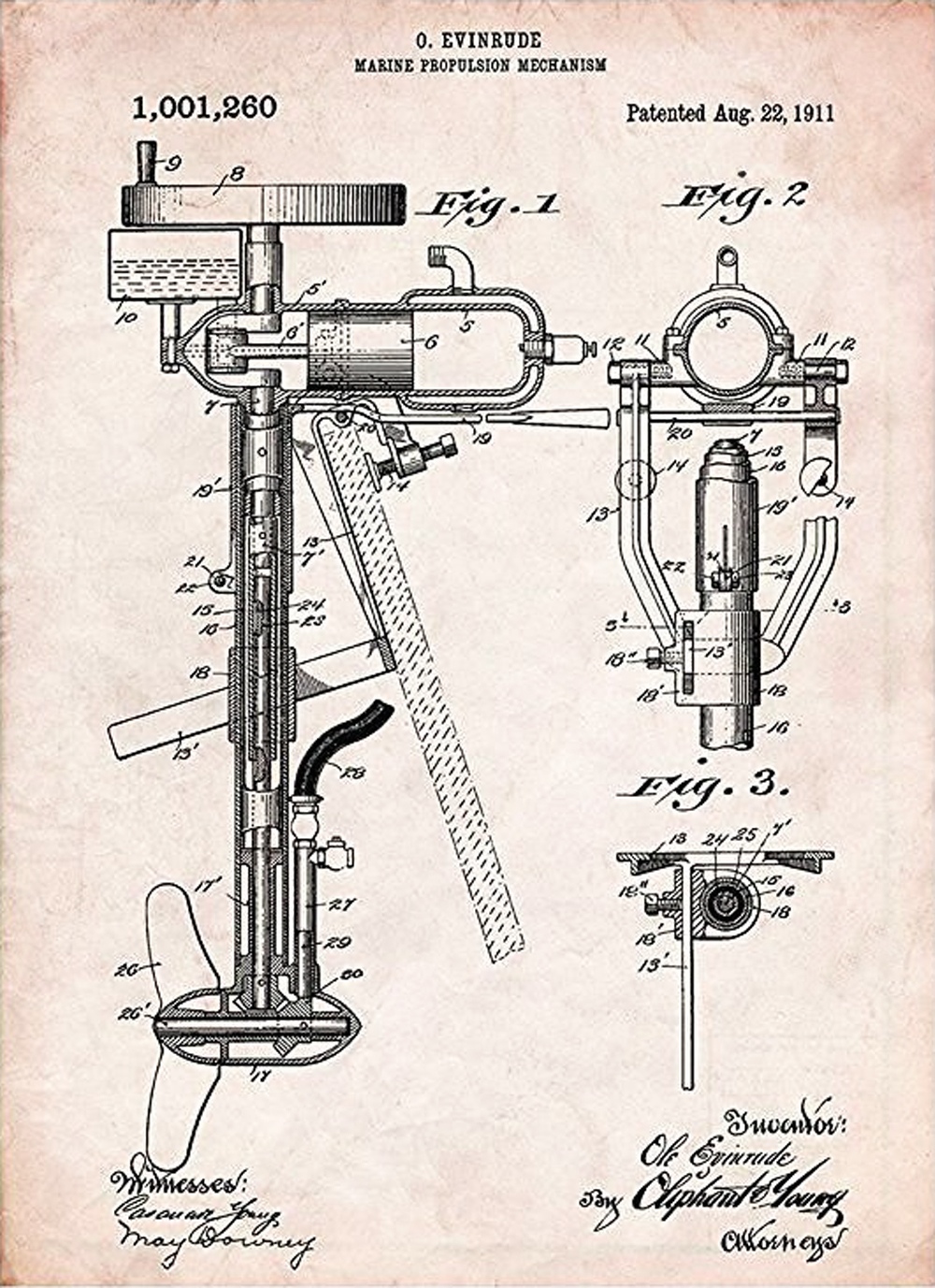 Evinrude Patent #1,001,260 awarded on August 22, 1911.