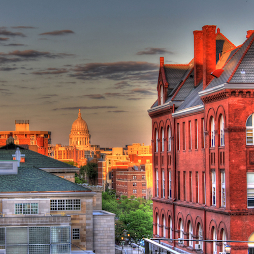 Madison state capitol building as seen from the University of Wisconsin at sunset.