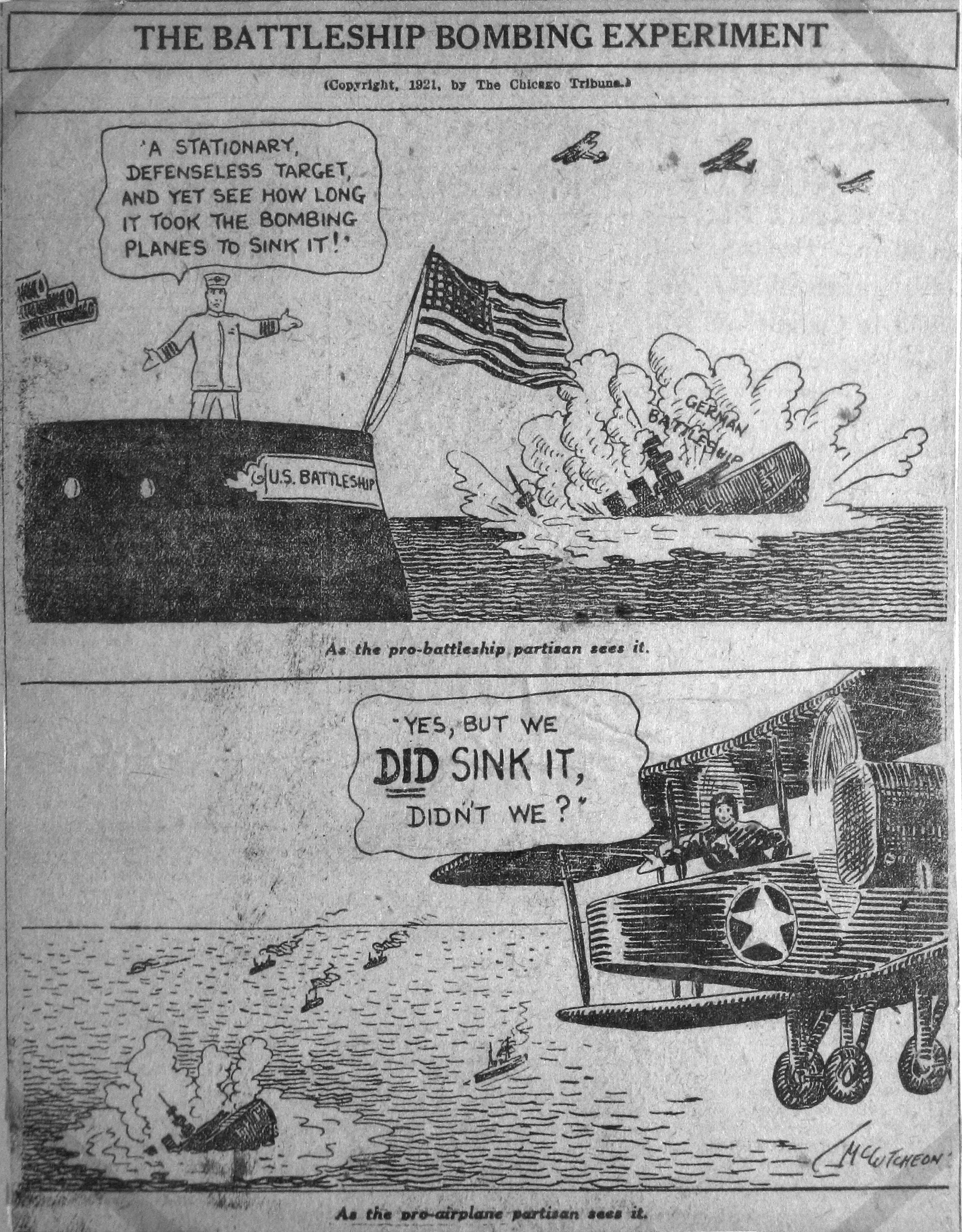 1921 cartoon in the Chicago Tribune of the Billy Mitchell Battleship Bombing Experiment.