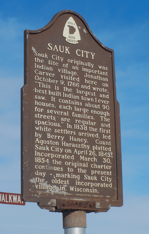 Sauk City historical marker for the oldest incorporated village in Wisconsin.