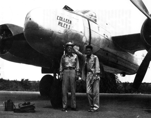 World War II photograph showing future Astronaut Donald K. Slayton (on right) and 1st Lt. Ed Steinman (on left) beside a Douglas A-26 bomber in the Pacific Theater of Operations during the summer of 1945.