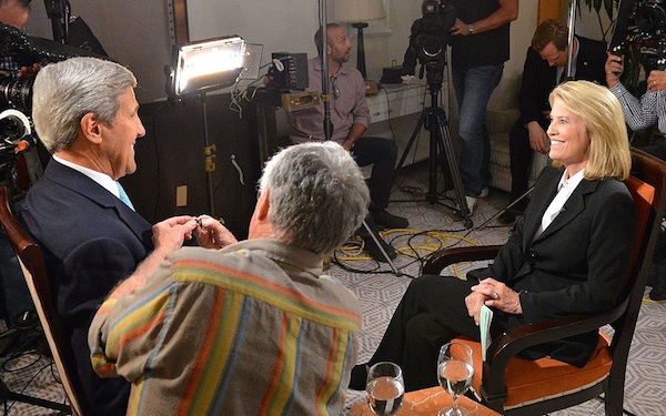 Van Susteren interviewing U.S. Secretary of State John Kerry on September 29, 2015.