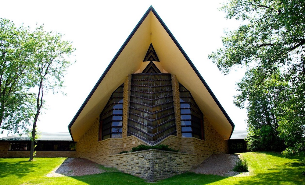 Photo of Frank Lloyd Wright designed Unitarian Meeting House in Madison Wisconsin.