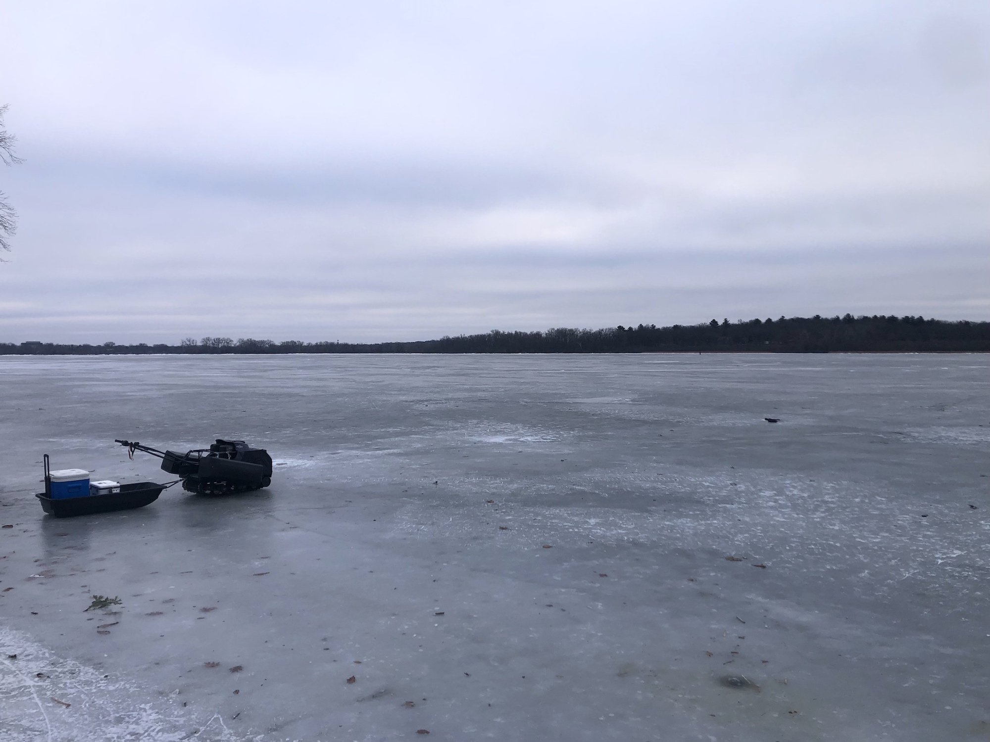 Ice fisherman's Snow Dog on Lake Wingra on January 14, 2023.