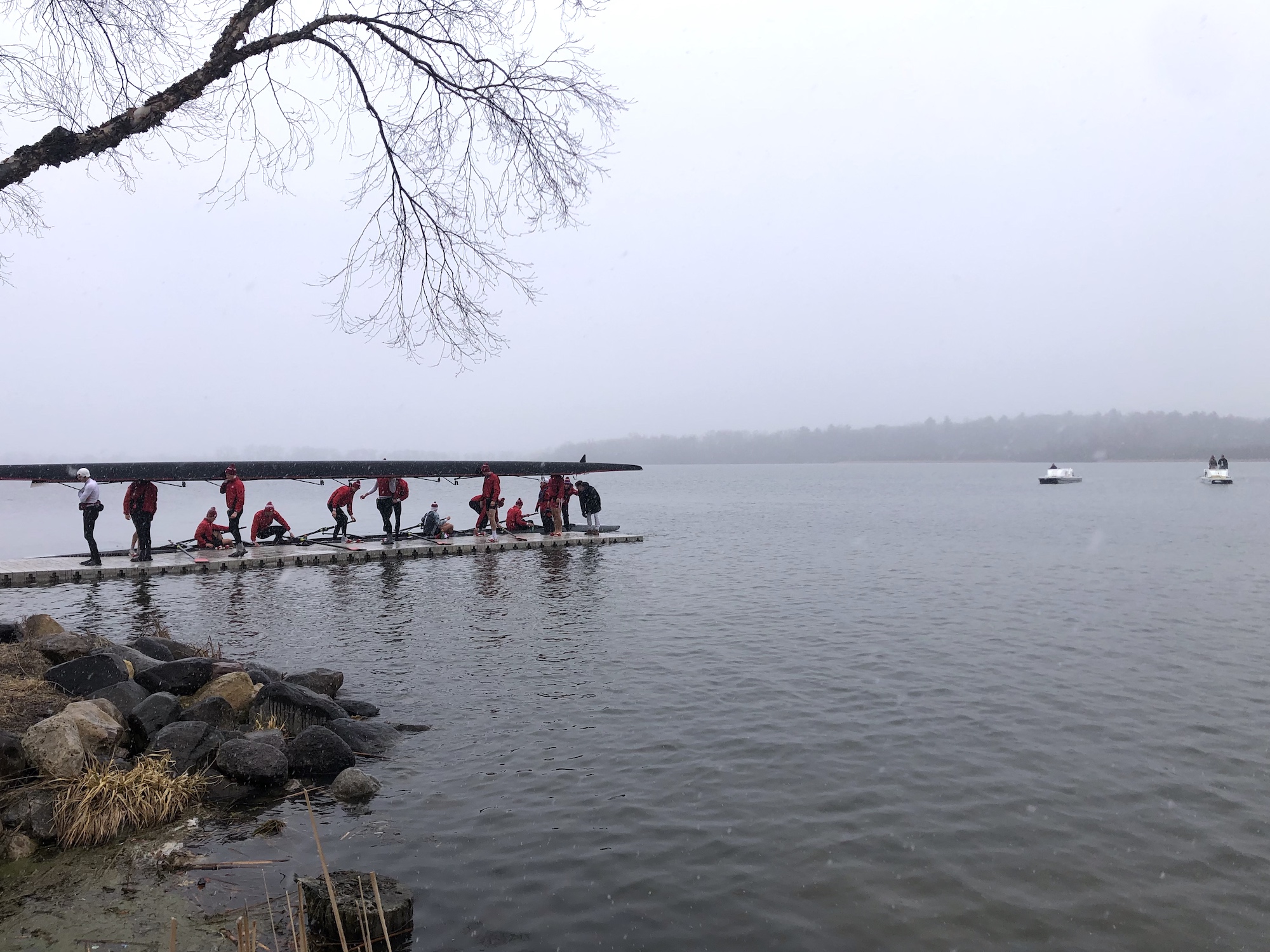 Lake Wingra on April 1, 2023. Men's crew on Wingra.