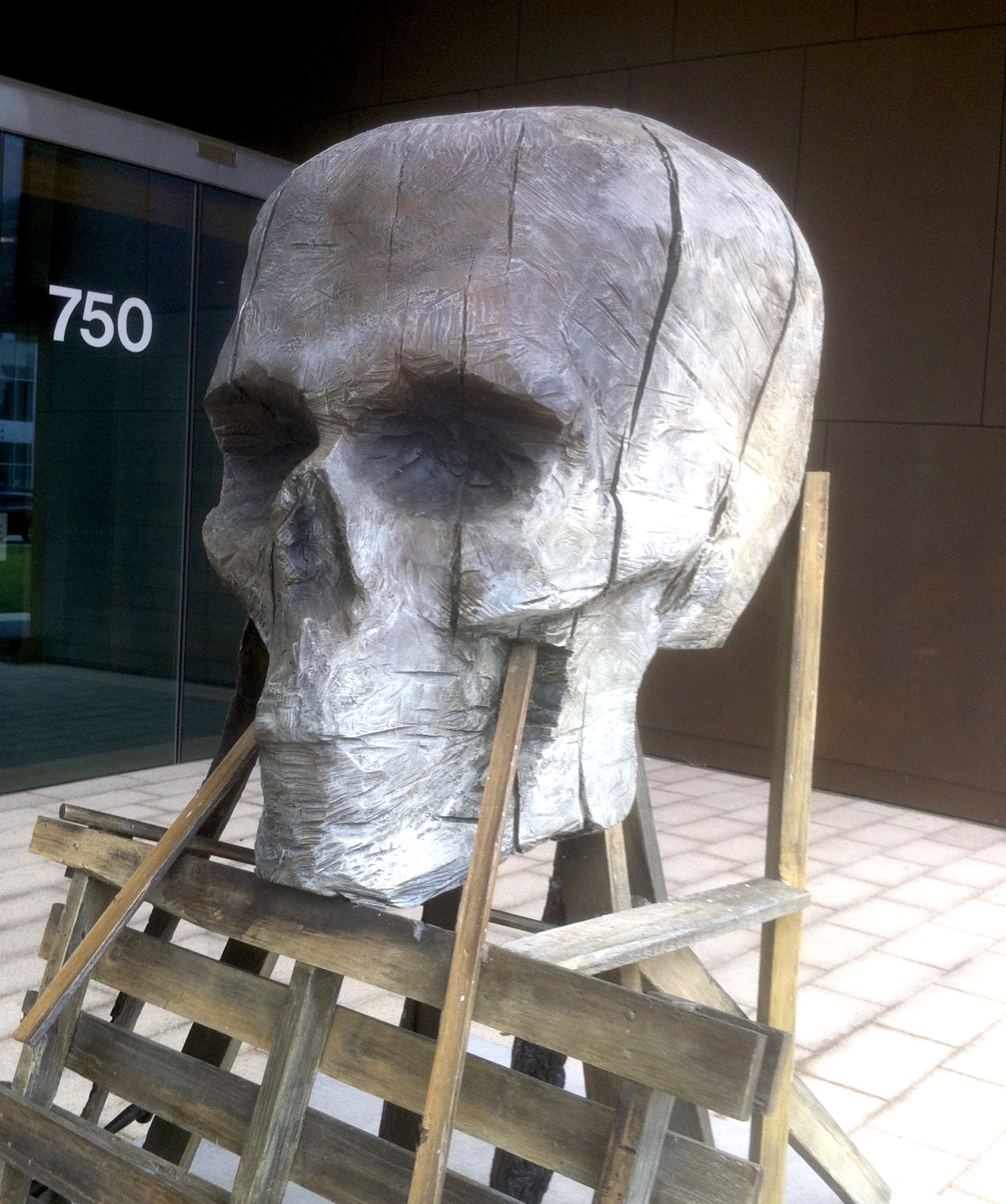 Large wooden skull on display outside the entrance to the Chazen Museum of Art.